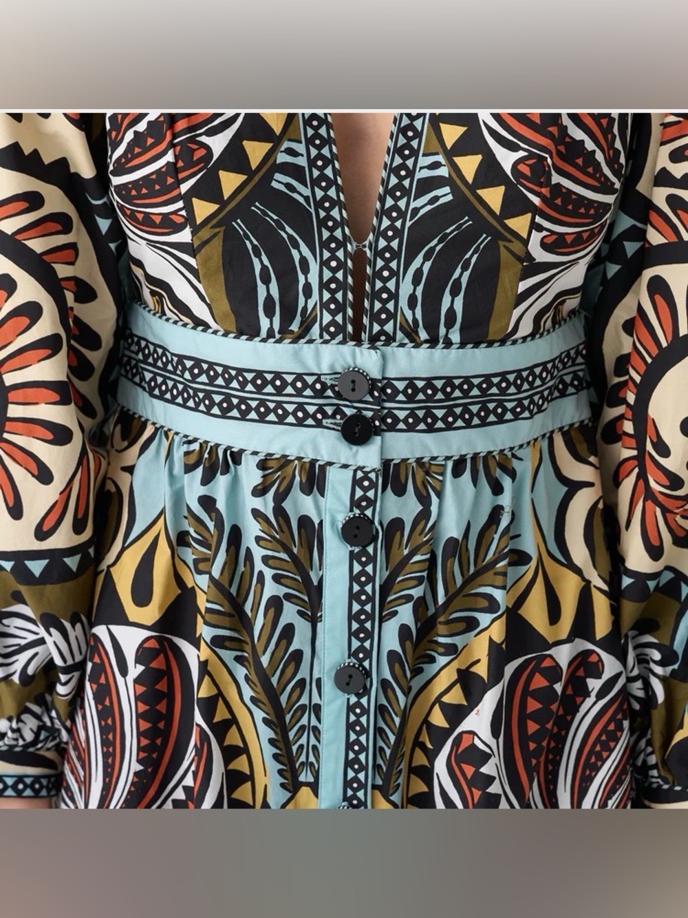 FARM Rio Warm Blue /Tan Multi Long Volume Sleeve Maxi Dress: Small - Picture 12 of 16